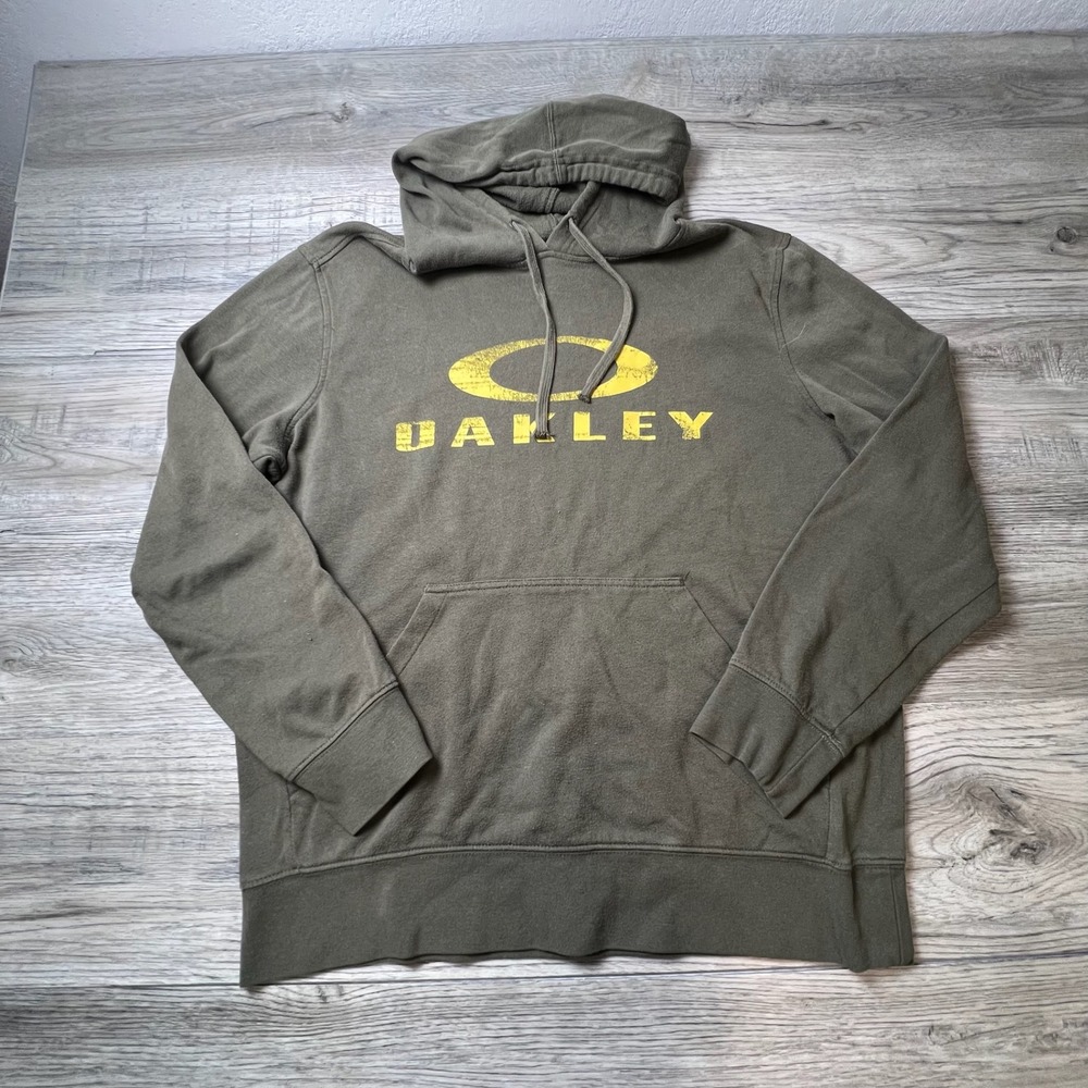 Oakley Hoodie Mens Large Olive Green Yellow Logo Pullover Sweatshirt AH88‎